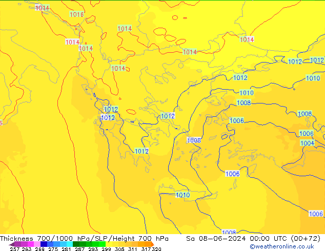 Thck 700-1000 hPa UK-Global Sa 08.06.2024 00 UTC