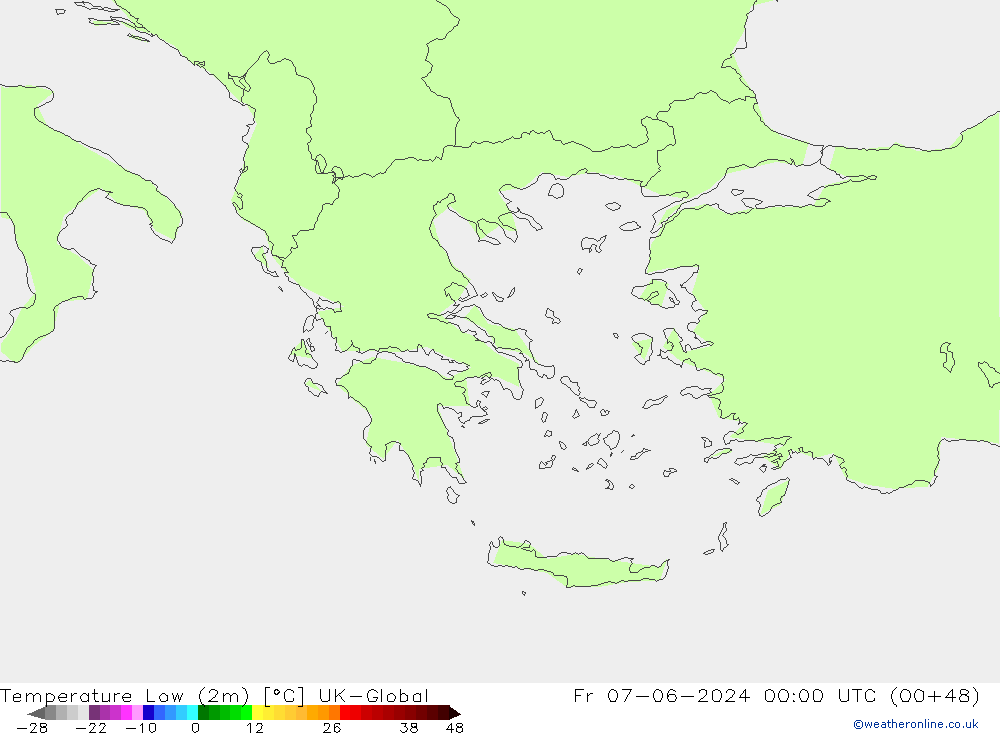 Temp. minima (2m) UK-Global ven 07.06.2024 00 UTC