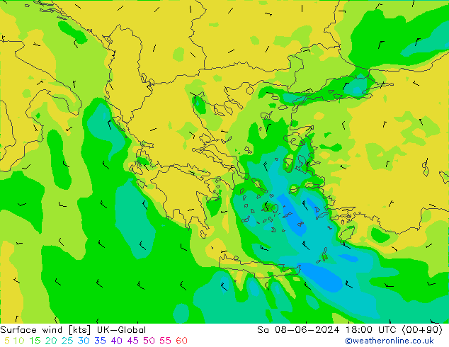 Viento 10 m UK-Global sáb 08.06.2024 18 UTC