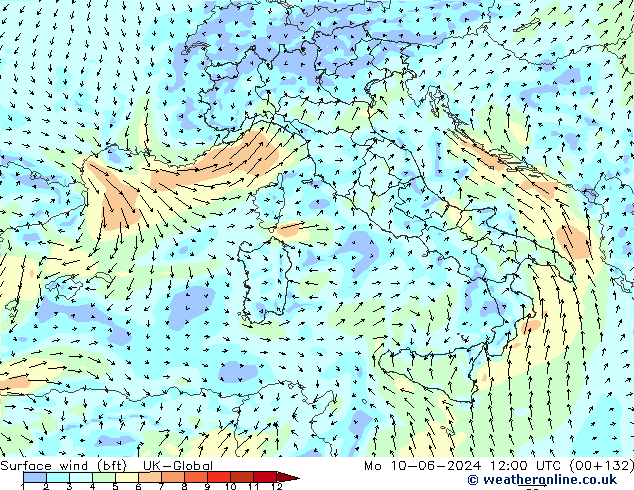 Vento 10 m (bft) UK-Global Seg 10.06.2024 12 UTC