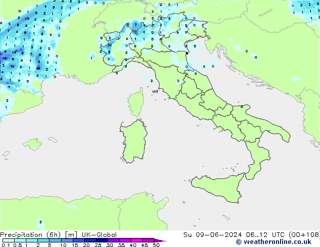 Totale neerslag (6h) UK-Global zo 09.06.2024 12 UTC