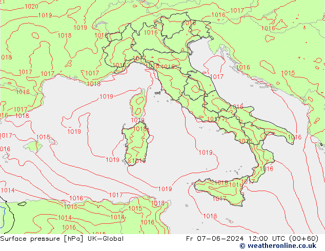 Pressione al suolo UK-Global ven 07.06.2024 12 UTC