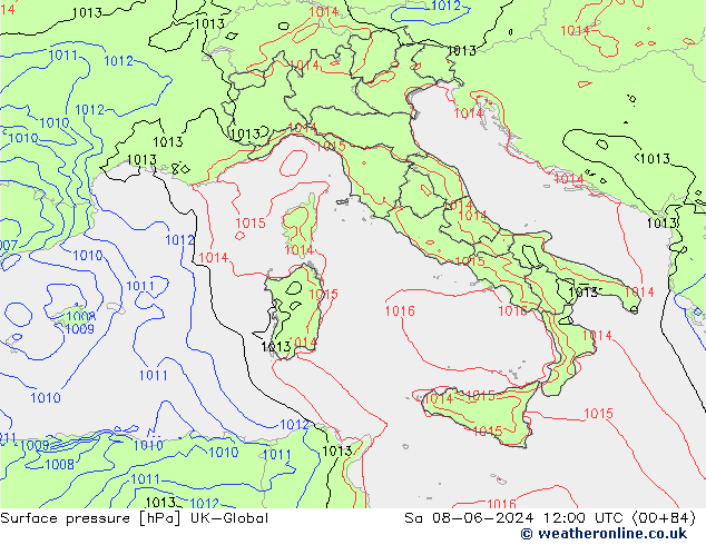 Pressione al suolo UK-Global sab 08.06.2024 12 UTC