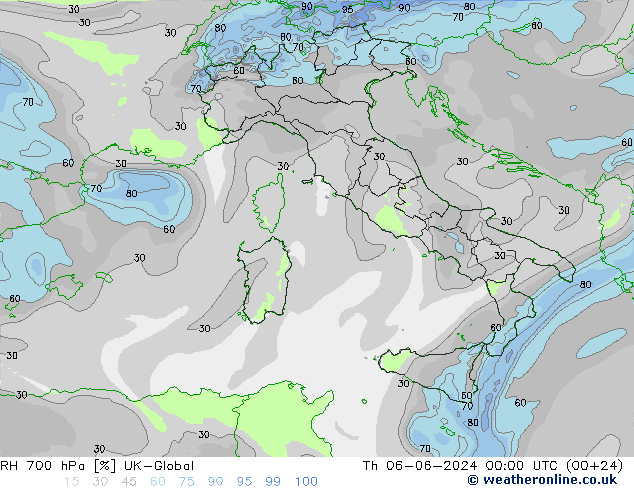 Humidité rel. 700 hPa UK-Global jeu 06.06.2024 00 UTC