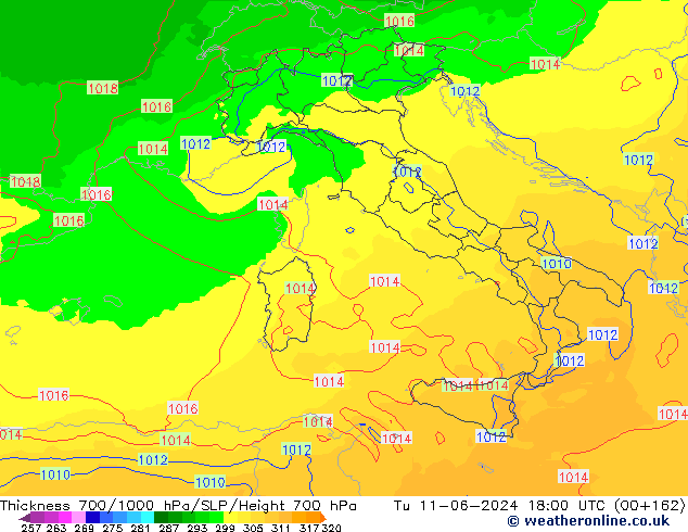 700-1000 hPa Kalınlığı UK-Global Sa 11.06.2024 18 UTC