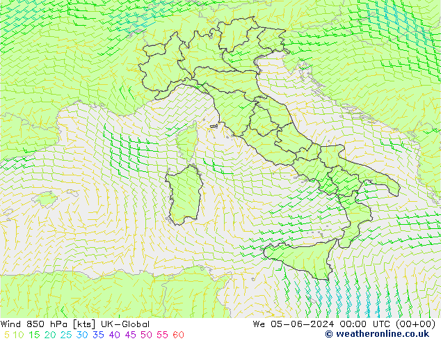 Wind 850 hPa UK-Global Mi 05.06.2024 00 UTC