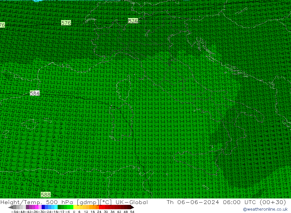 Geop./Temp. 500 hPa UK-Global jue 06.06.2024 06 UTC