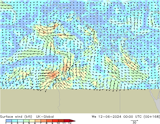 Wind 10 m (bft) UK-Global wo 12.06.2024 00 UTC