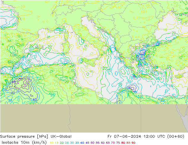 Isotachen (km/h) UK-Global vr 07.06.2024 12 UTC