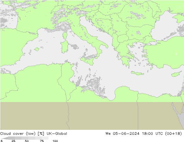 Cloud cover (low) UK-Global We 05.06.2024 18 UTC