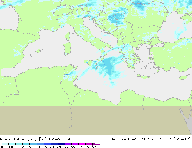 Totale neerslag (6h) UK-Global wo 05.06.2024 12 UTC