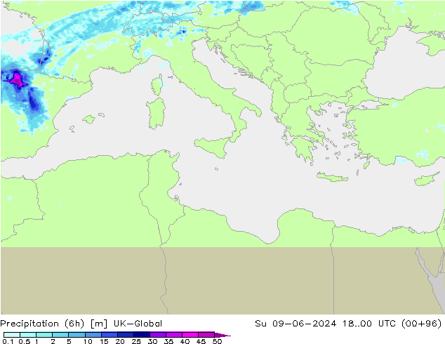 Précipitation (6h) UK-Global dim 09.06.2024 00 UTC