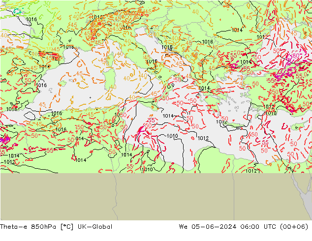 Theta-e 850hPa UK-Global Çar 05.06.2024 06 UTC