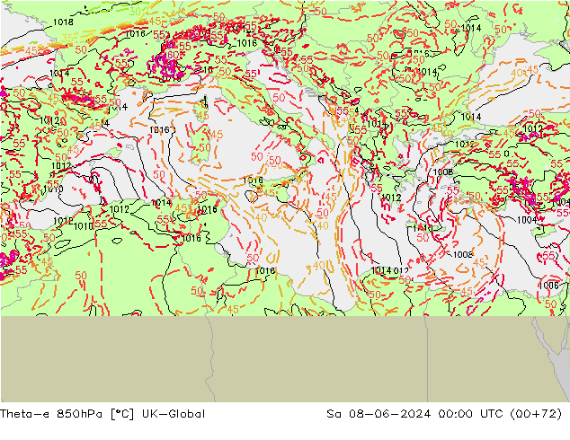Theta-e 850гПа UK-Global сб 08.06.2024 00 UTC