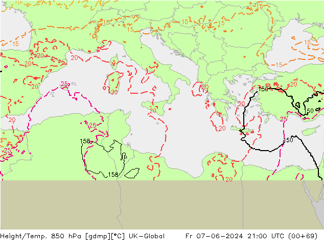 Height/Temp. 850 hPa UK-Global Fr 07.06.2024 21 UTC