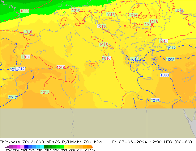 Dikte700-1000 hPa UK-Global vr 07.06.2024 12 UTC