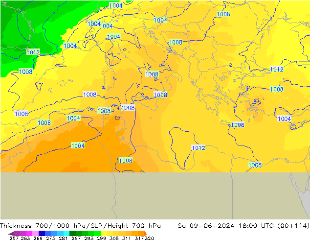 Thck 700-1000 hPa UK-Global Su 09.06.2024 18 UTC