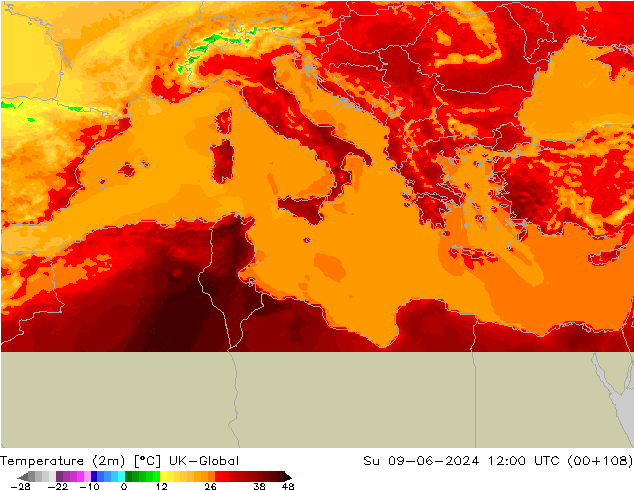 Sıcaklık Haritası (2m) UK-Global Paz 09.06.2024 12 UTC