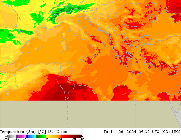 Sıcaklık Haritası (2m) UK-Global Sa 11.06.2024 06 UTC