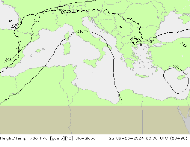 Height/Temp. 700 hPa UK-Global dom 09.06.2024 00 UTC