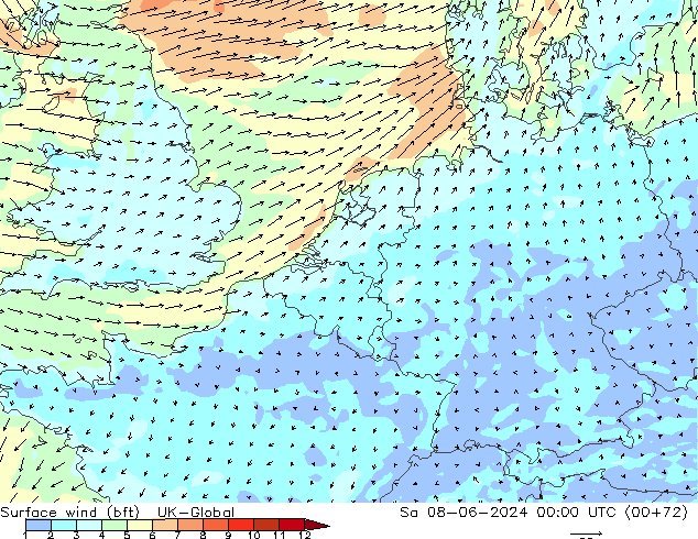 Rüzgar 10 m (bft) UK-Global Cts 08.06.2024 00 UTC