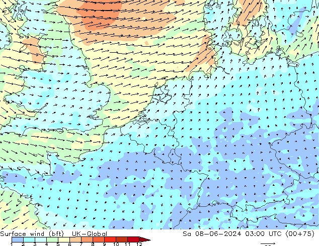 Vento 10 m (bft) UK-Global Sáb 08.06.2024 03 UTC