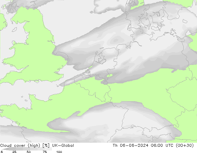 Cloud cover (high) UK-Global Th 06.06.2024 06 UTC