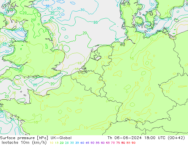 Isotachen (km/h) UK-Global Do 06.06.2024 18 UTC