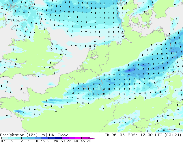 Précipitation (12h) UK-Global jeu 06.06.2024 00 UTC