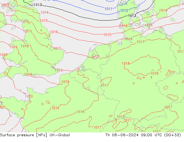 Atmosférický tlak UK-Global Čt 06.06.2024 09 UTC