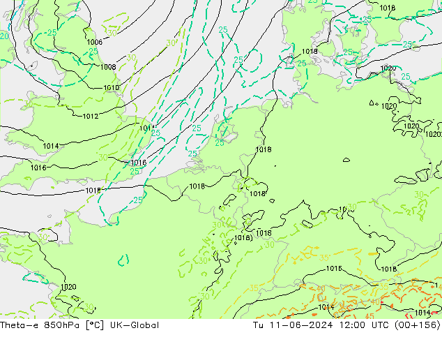 Theta-e 850hPa UK-Global mar 11.06.2024 12 UTC