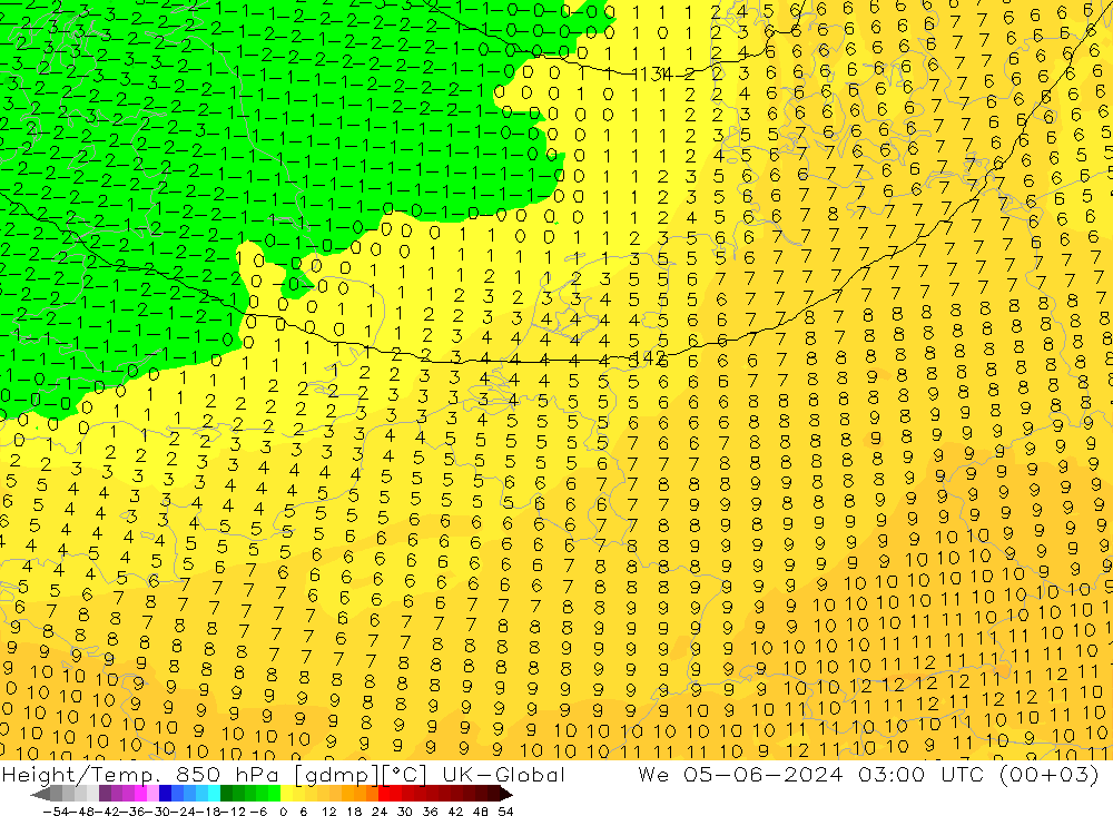 Height/Temp. 850 hPa UK-Global St 05.06.2024 03 UTC