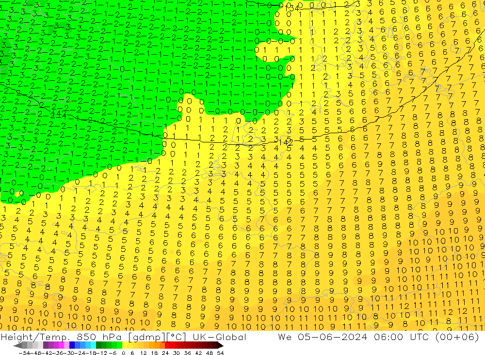 Height/Temp. 850 hPa UK-Global 星期三 05.06.2024 06 UTC