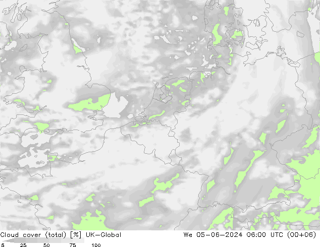 Cloud cover (total) UK-Global We 05.06.2024 06 UTC