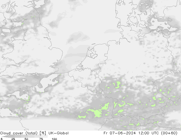 Cloud cover (total) UK-Global Fr 07.06.2024 12 UTC