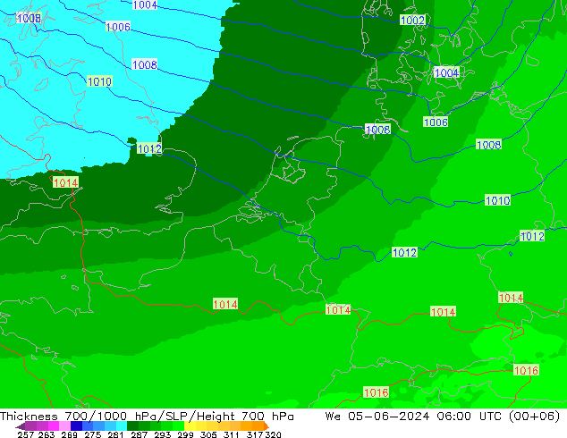 Dikte700-1000 hPa UK-Global wo 05.06.2024 06 UTC