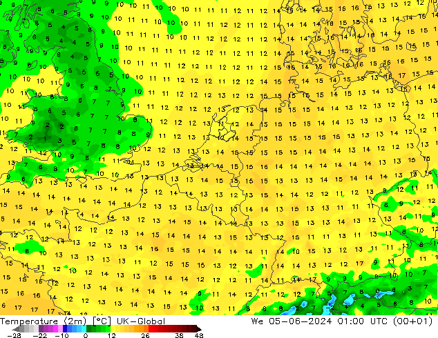 Temperatura (2m) UK-Global mer 05.06.2024 01 UTC