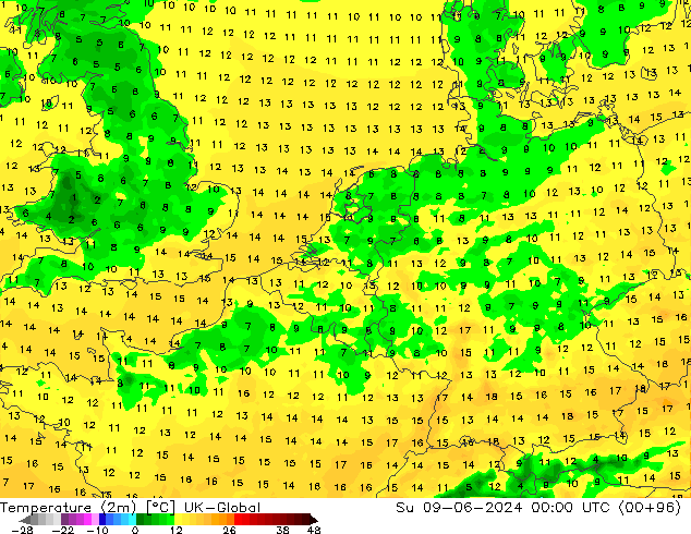 Temperatura (2m) UK-Global dom 09.06.2024 00 UTC