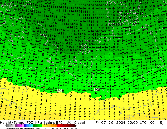 Height/Temp. 700 hPa UK-Global Fr 07.06.2024 00 UTC