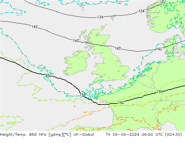 Hoogte/Temp. 850 hPa UK-Global do 06.06.2024 06 UTC