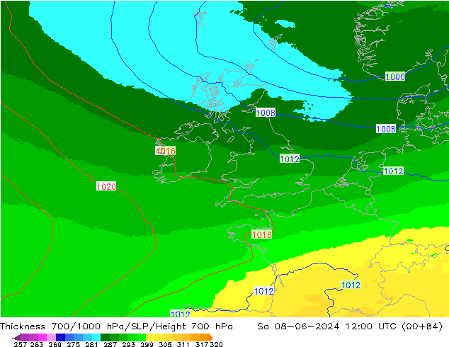 Thck 700-1000 hPa UK-Global So 08.06.2024 12 UTC