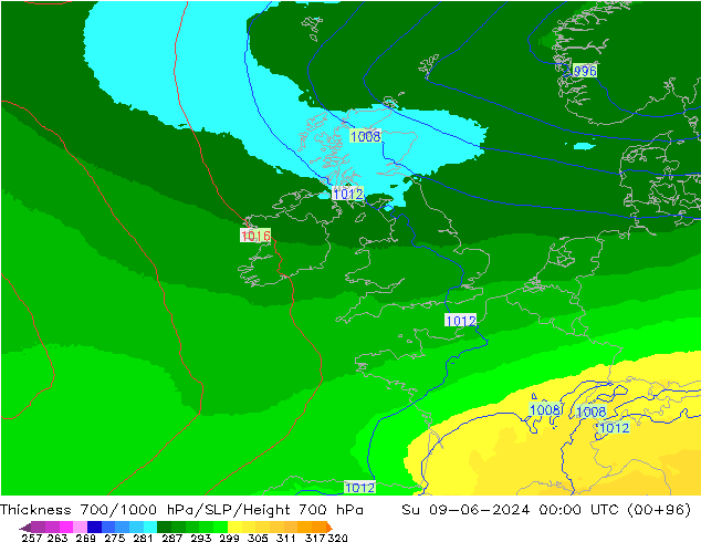 700-1000 hPa Kalınlığı UK-Global Paz 09.06.2024 00 UTC