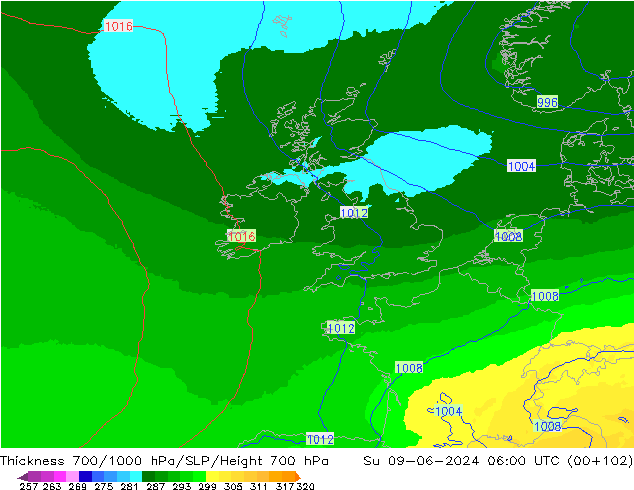 700-1000 hPa Kalınlığı UK-Global Paz 09.06.2024 06 UTC