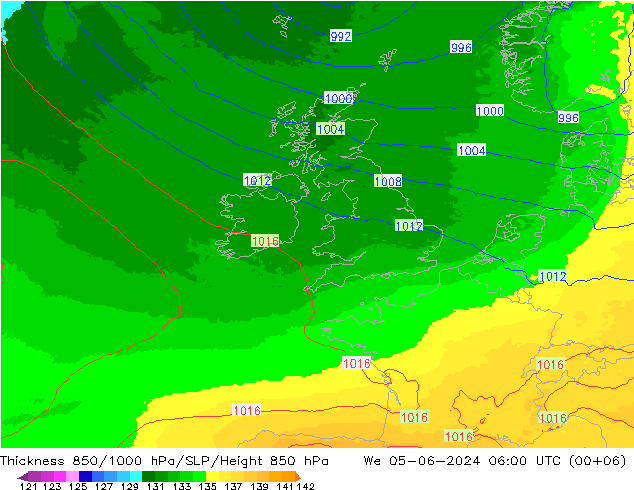 Espesor 850-1000 hPa UK-Global mié 05.06.2024 06 UTC