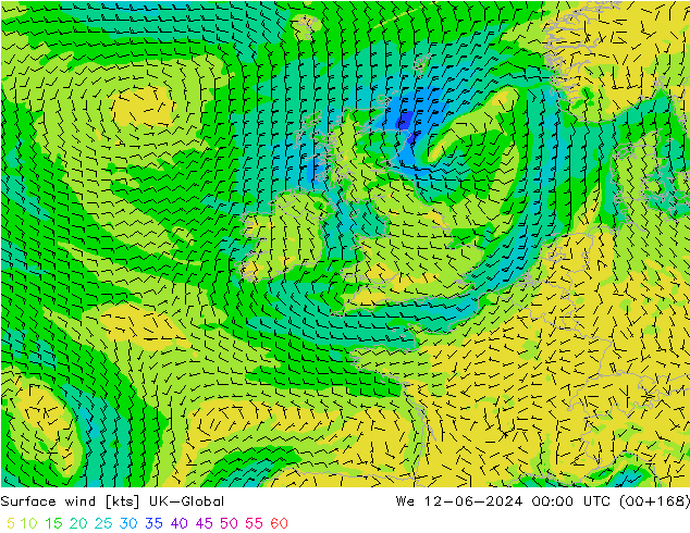 Surface wind UK-Global We 12.06.2024 00 UTC