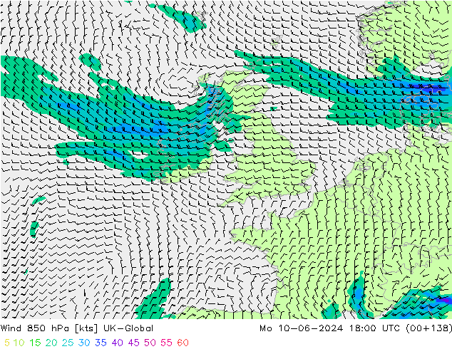 Wind 850 hPa UK-Global Mo 10.06.2024 18 UTC