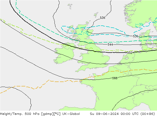 Height/Temp. 500 hPa UK-Global Su 09.06.2024 00 UTC