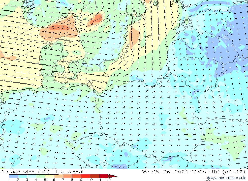 Rüzgar 10 m (bft) UK-Global Çar 05.06.2024 12 UTC