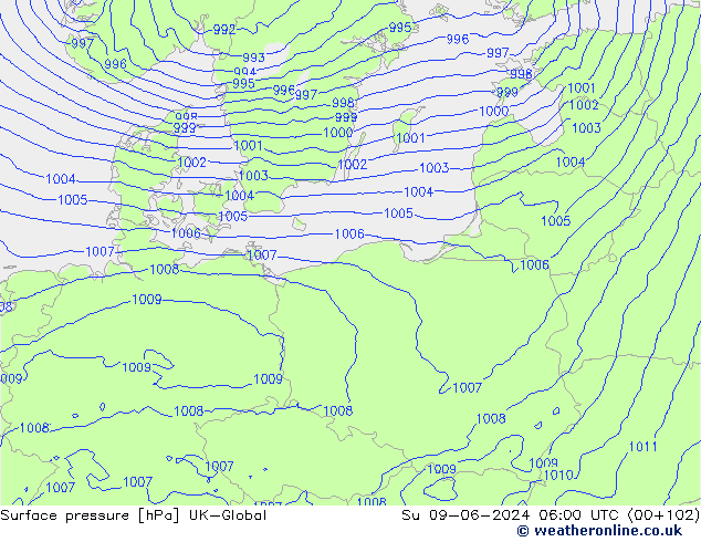 Pressione al suolo UK-Global dom 09.06.2024 06 UTC