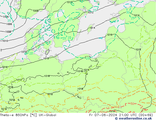 Theta-e 850hPa UK-Global Fr 07.06.2024 21 UTC